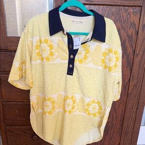 We The Free Yellow and Black Floral Polo Shirt